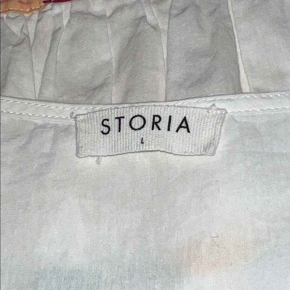 Storia Mixed Print White Midi Dress Ruffled V-Neck Spring Large - Picture 2 of 7